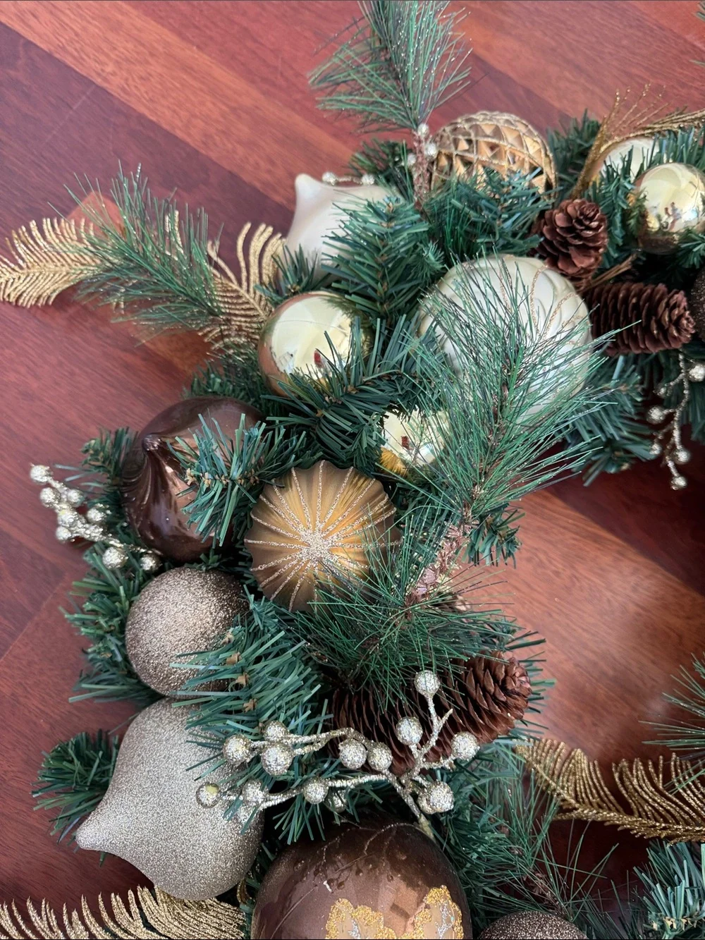 Holiday Pine Wreath with Gold and Green Ornaments
